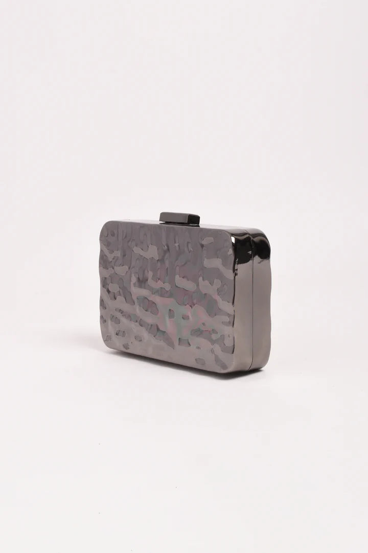 Heidi Textured Metal Structured Clutch In Gunmetal