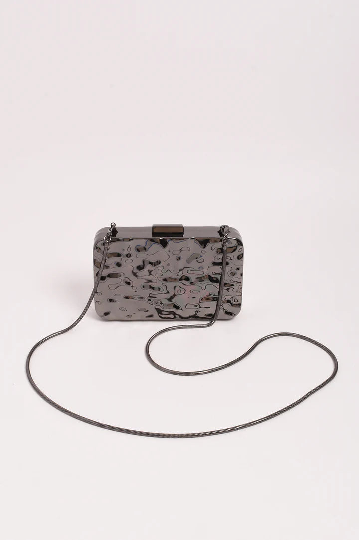 Heidi Textured Metal Structured Clutch In Gunmetal