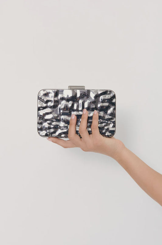 Heidi Textured Metal Structured Clutch In Gunmetal