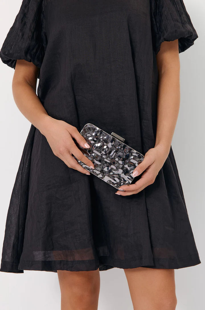 Heidi Textured Metal Structured Clutch In Gunmetal