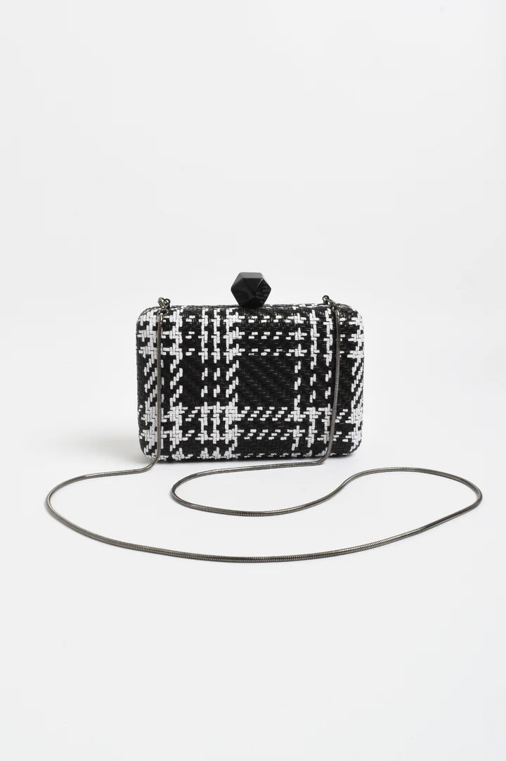 Janey Faux Weave Check Structured Clutch in Black