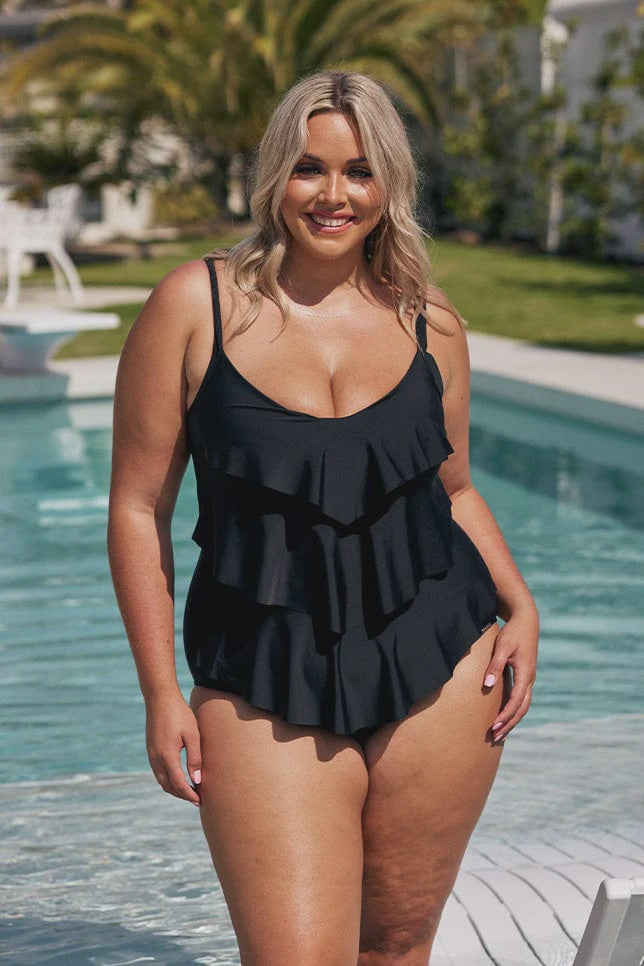 Black 3 Tier One Piece Swimsuit