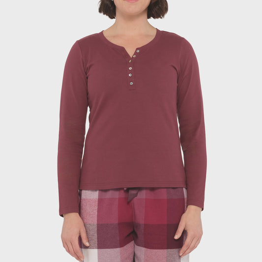 Cotton Jersey Henley Pyjama Top in Burgundy