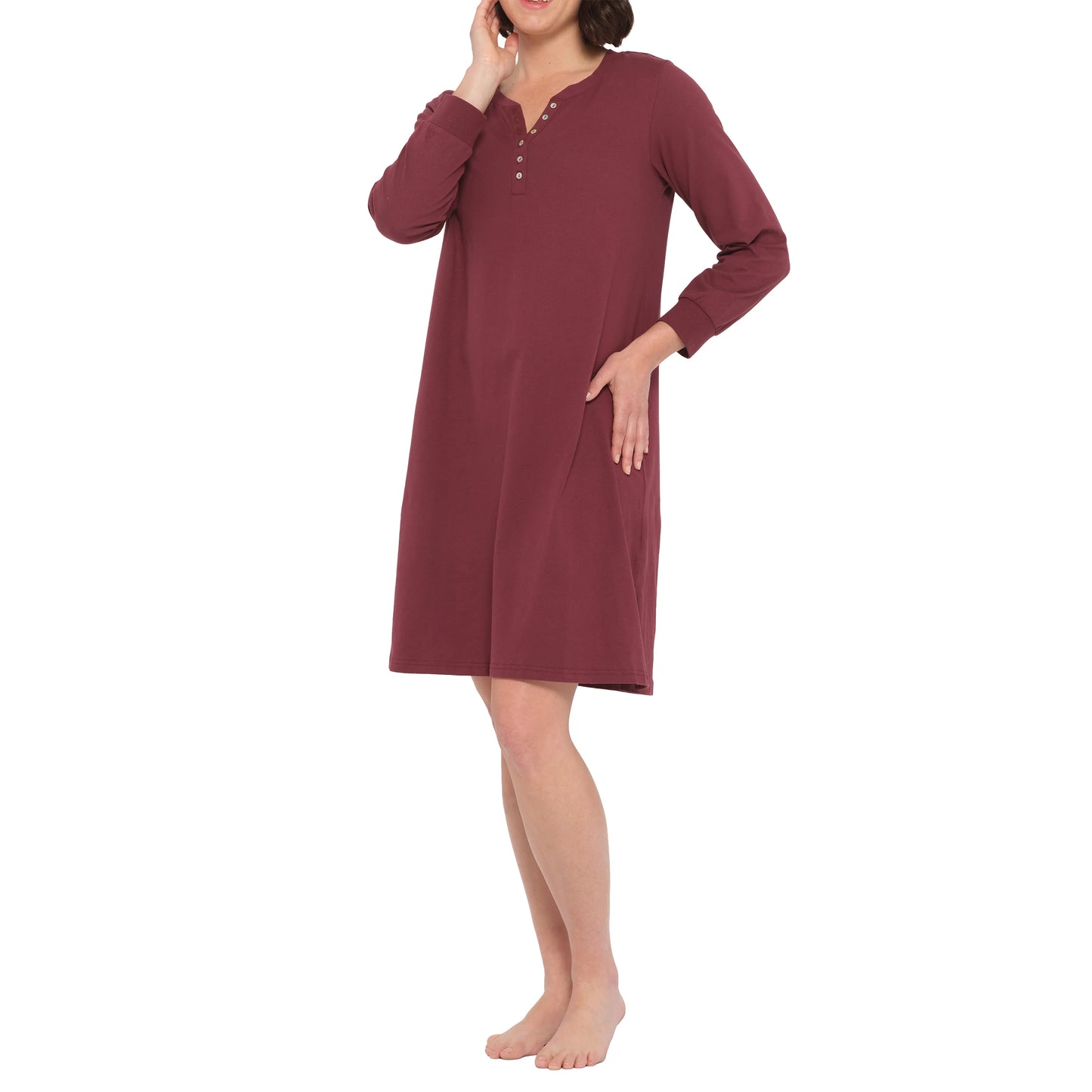 Cotton Jersey Long Sleeve Henley Nightie in Burgandy