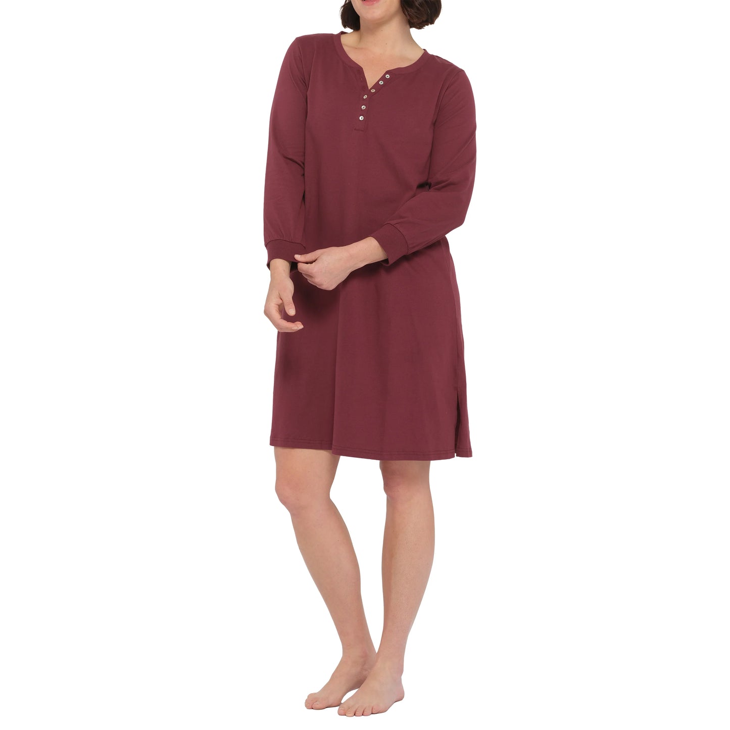 Cotton Jersey Long Sleeve Henley Nightie in Burgandy