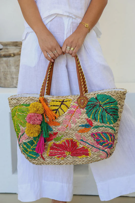 Straw Beach Bag - Leaf Pattern Large