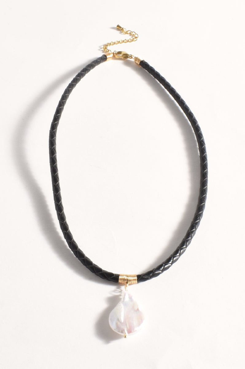 Plaited Leather Necklace with pearl Drop Pendant