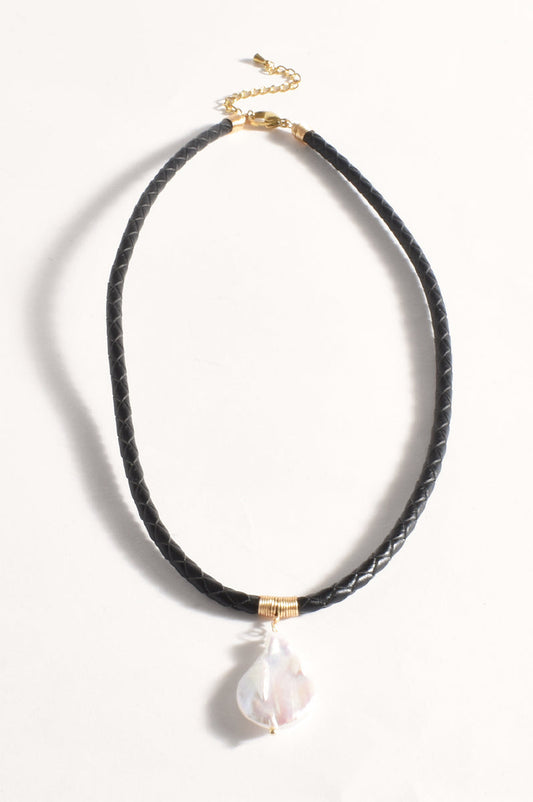 Plaited Leather Necklace with pearl Drop Pendant