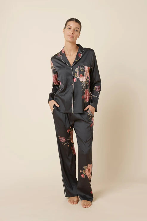 Ruby Floral Satin PJ set in Black