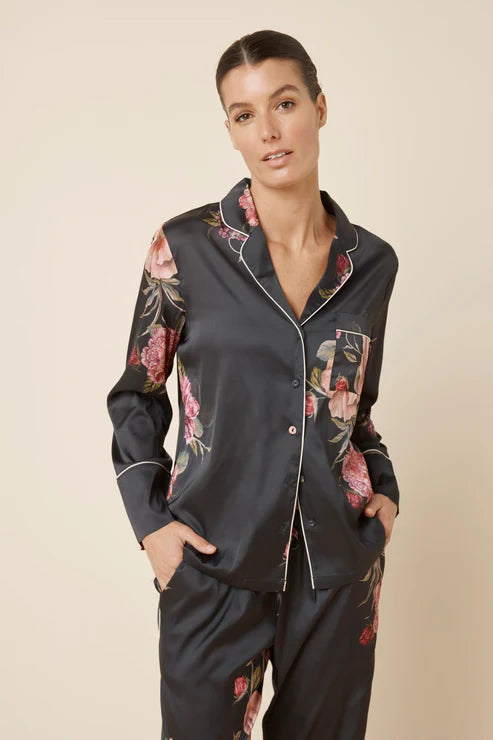 Ruby Floral Satin PJ set in Black