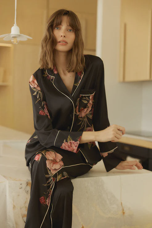 Ruby Floral Satin PJ set in Black
