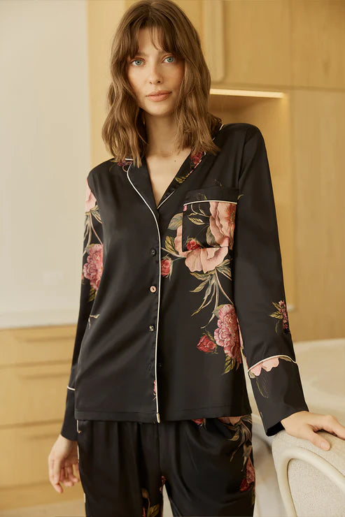 Ruby Floral Satin PJ set in Black