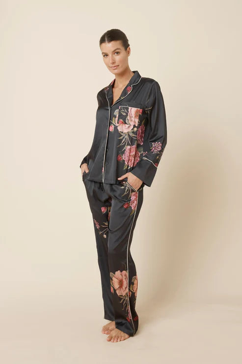 Ruby Floral Satin PJ set in Black