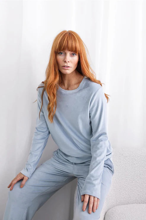 Thea Velour Long Lounge Set in Blue