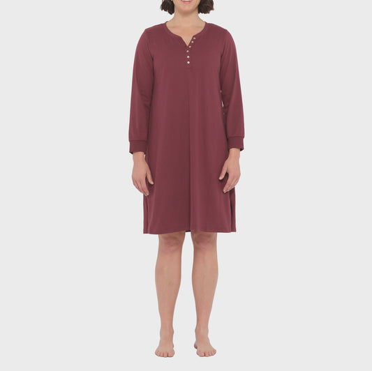 Cotton Jersey Long Sleeve Henley Nightie in Burgandy