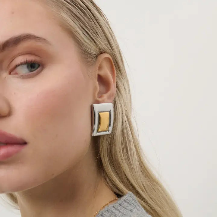 Square Duo Tone Statement Earrings