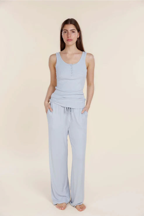 Liberty Ribbed Singlet Henley Top in Powder Blue