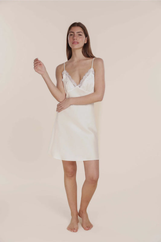 Azalia Silky Satin Short Chemise in Ivory