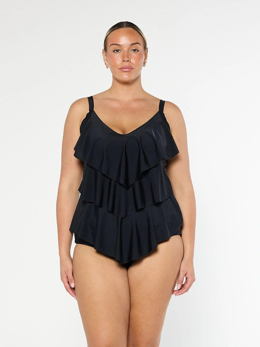 3 Tier Ruffle Tankini Top in Black