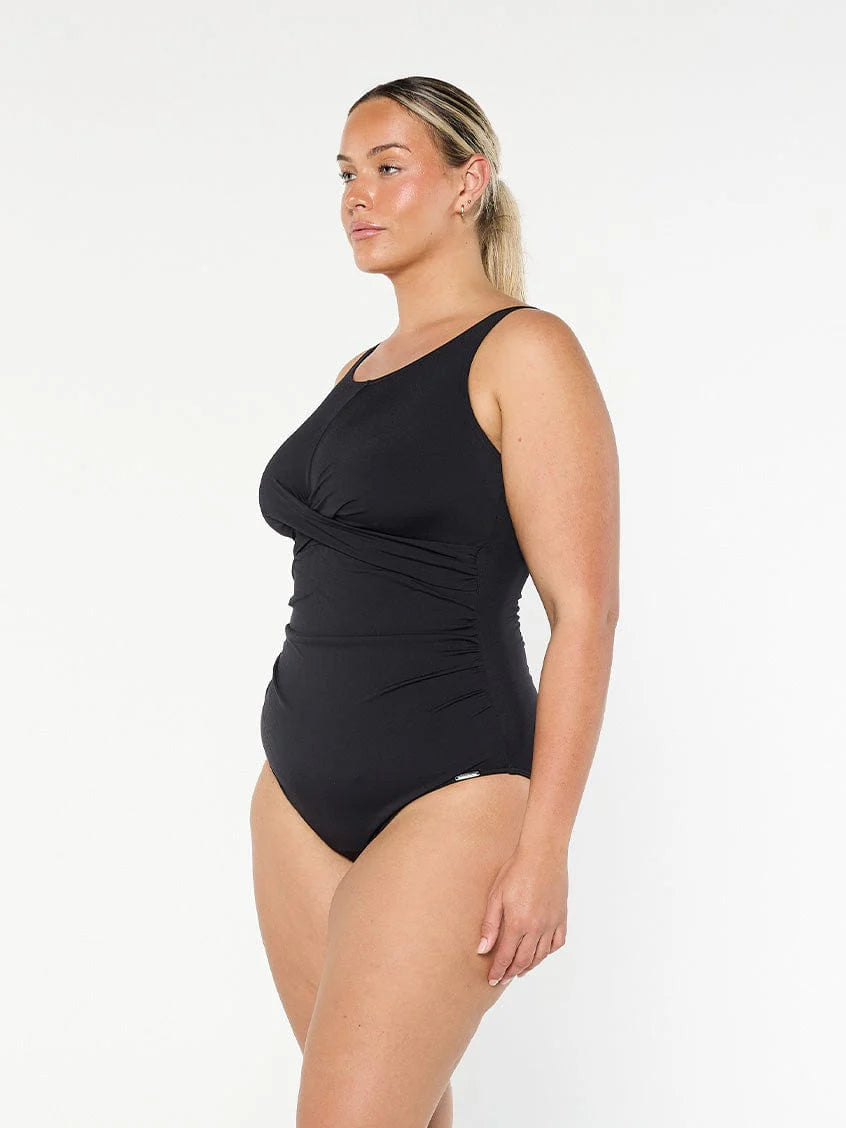 Chlorine Resistant Black High Neck Twist Front One Piece