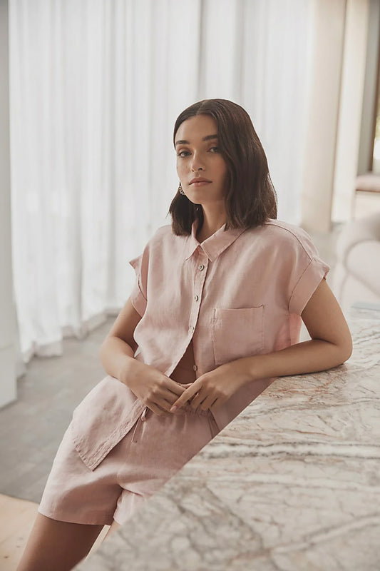 Charlotte Pink Linen Pyjama Set in Pink