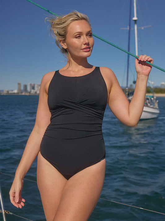 Chlorine Resistant Black High Neck Twist Front One Piece