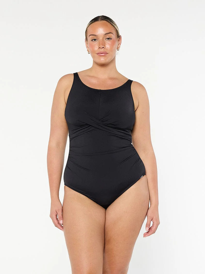 Chlorine Resistant Black High Neck Twist Front One Piece