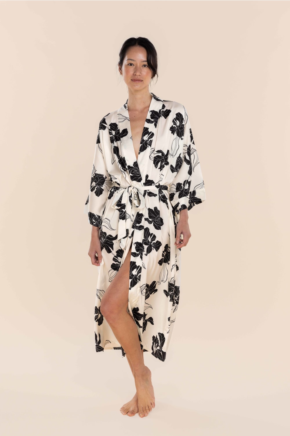 Daisy Recycled Silky Satin Long Robe in Ivory