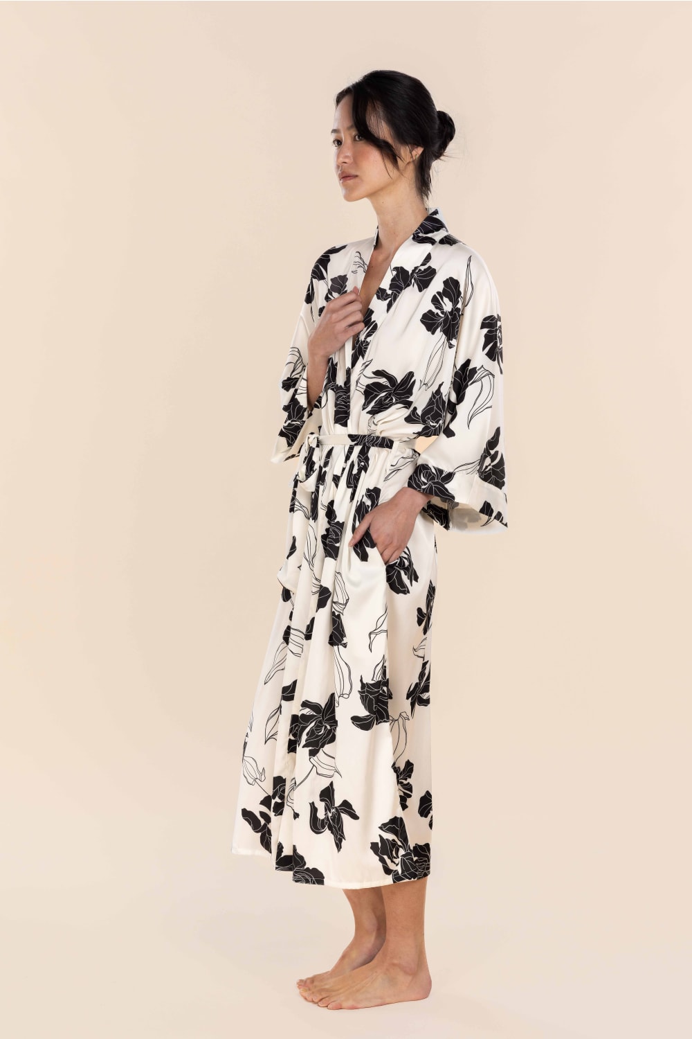 Daisy Recycled Silky Satin Long Robe in Ivory