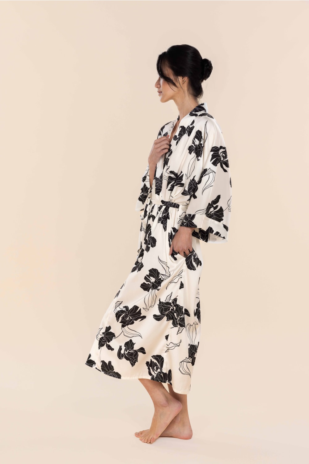 Daisy Recycled Silky Satin Long Robe in Ivory