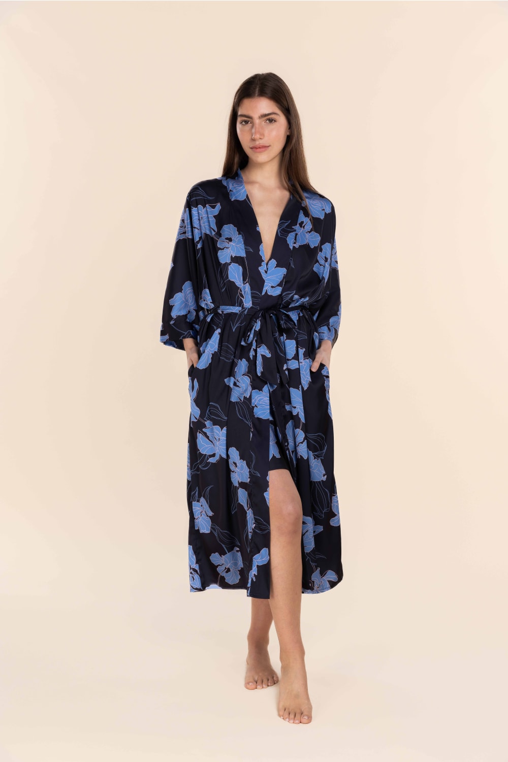 Daisy Recycled Silky Satin Long Robe in Navy