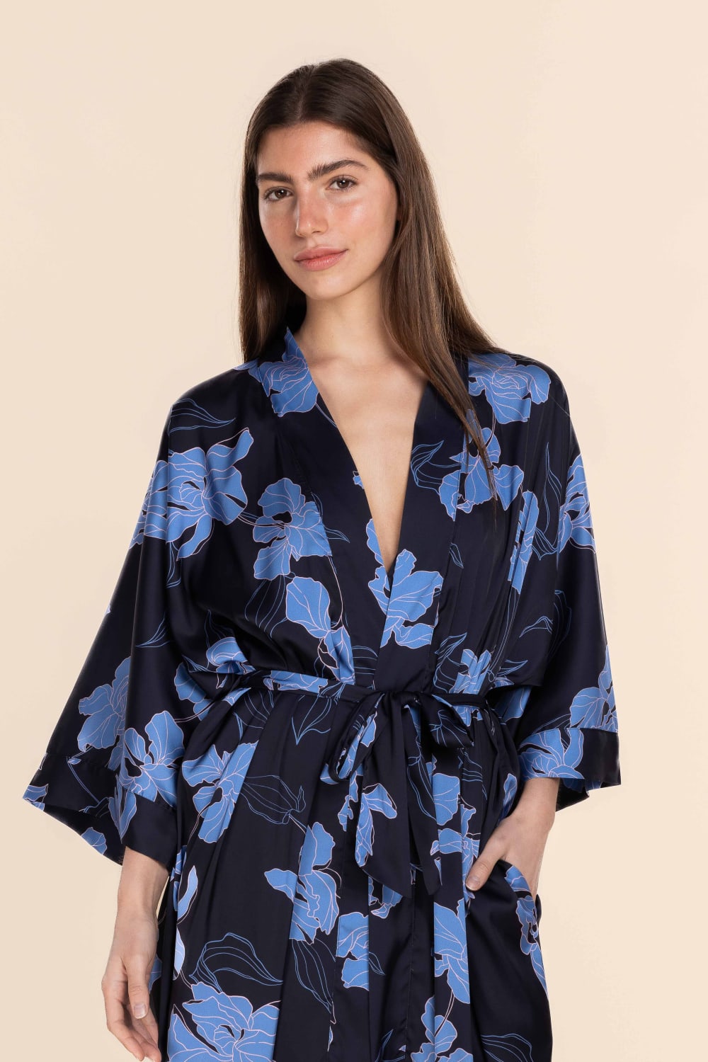Daisy Recycled Silky Satin Long Robe in Navy