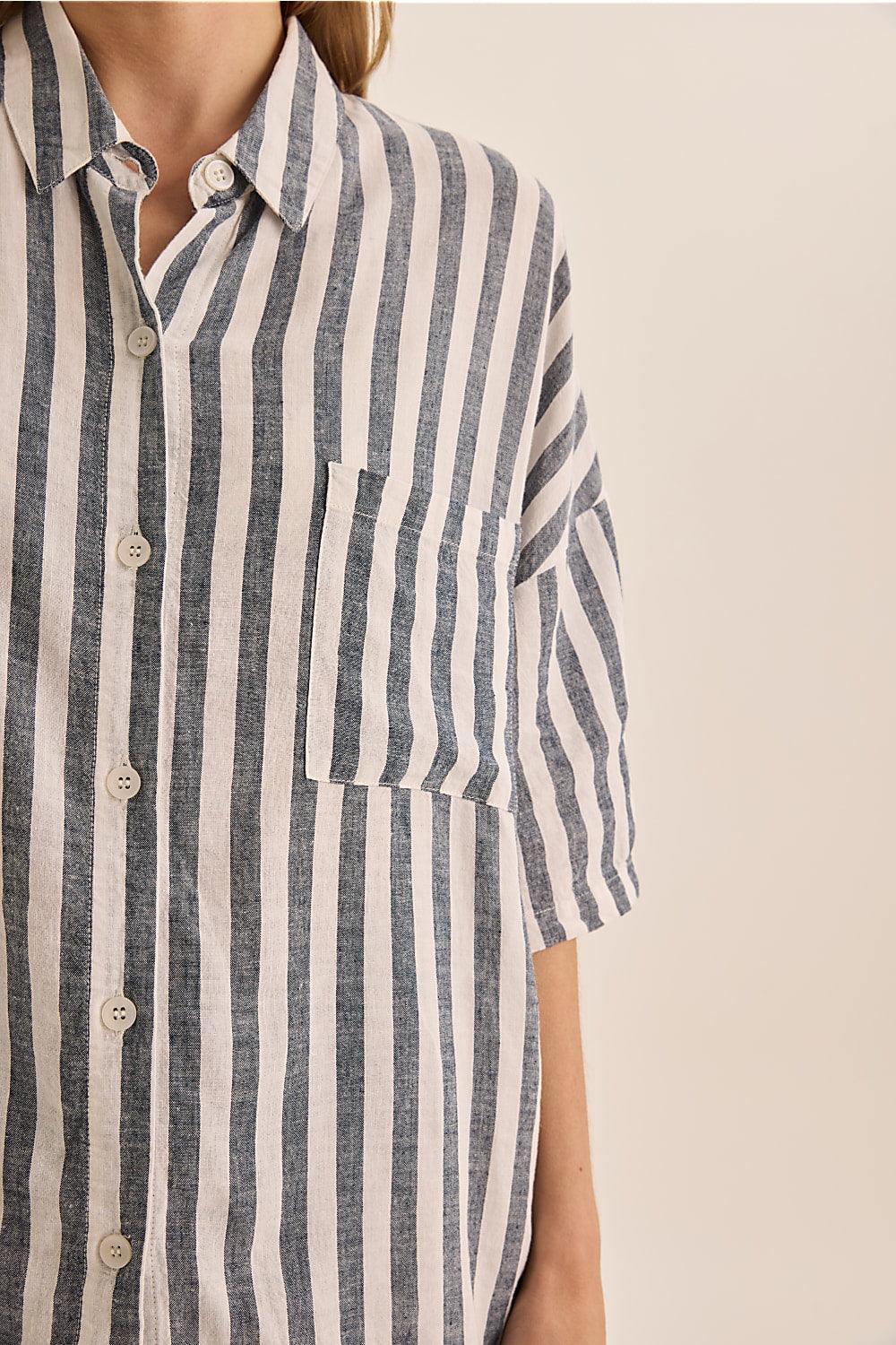 Evie Navy Stripe Linen Short Set in Navy Stripe