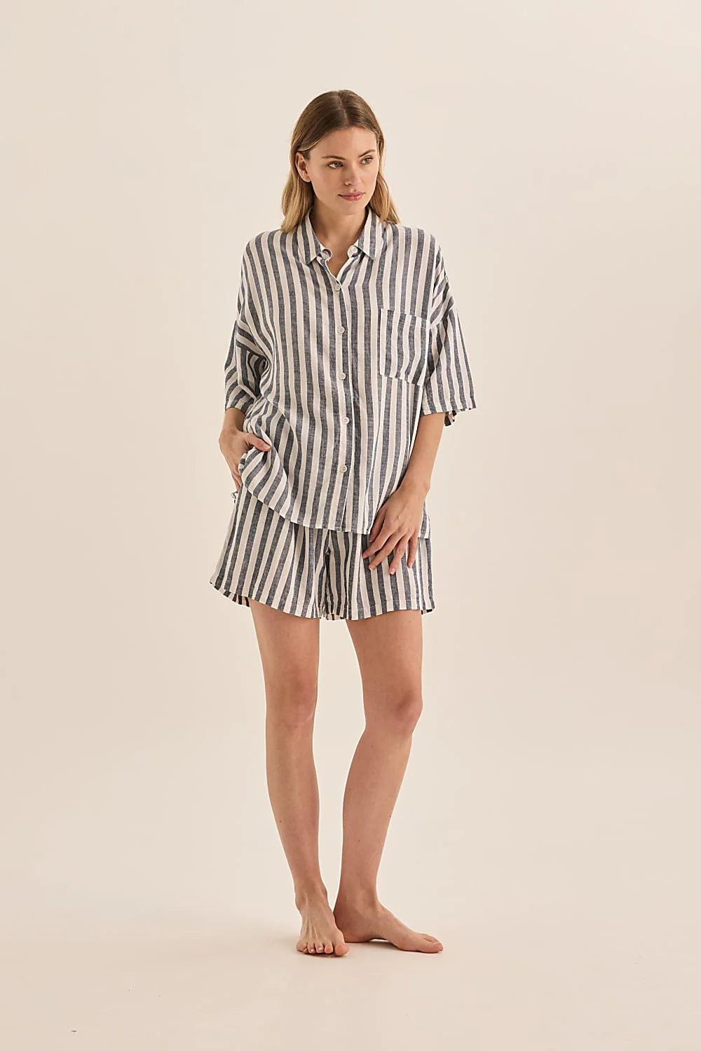 Evie Navy Stripe Linen Short Set in Navy Stripe