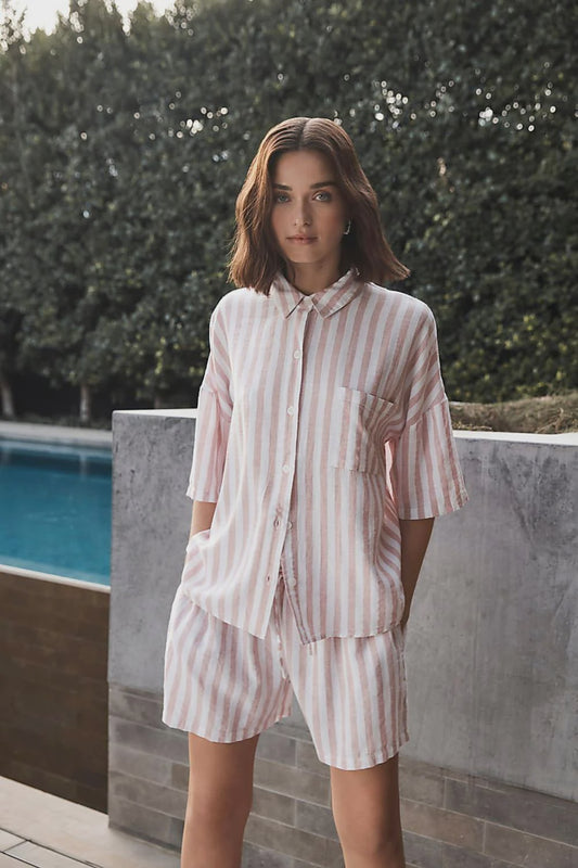 Evie Stripe Linen Short Set in Pink