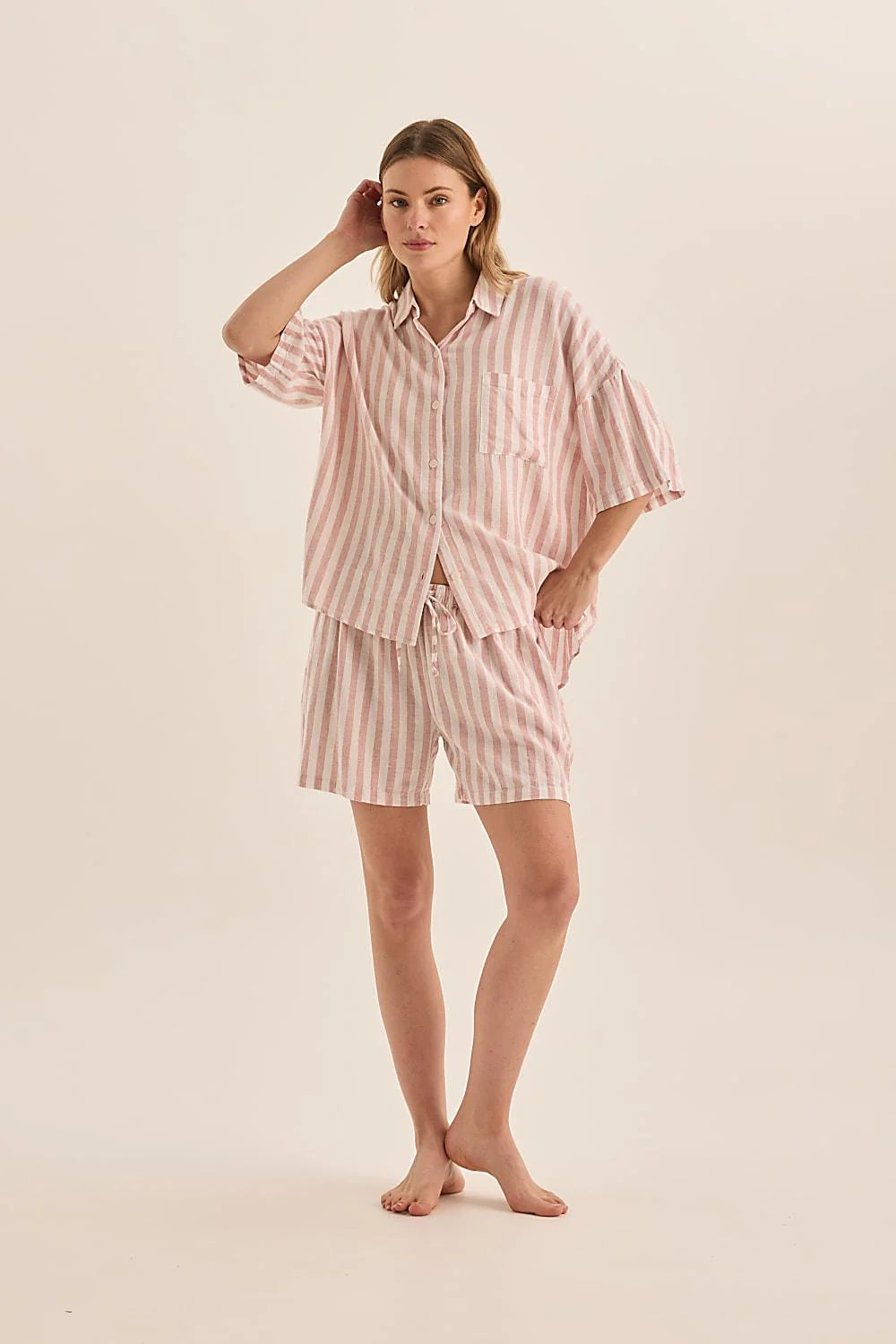 Evie Stripe Linen Short Set in Pink