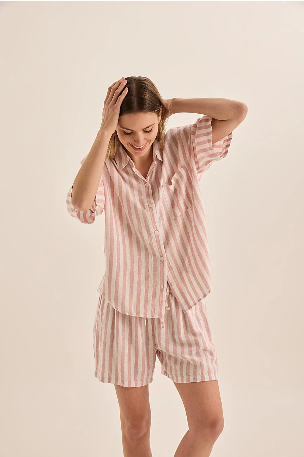 Evie Stripe Linen Short Set in Pink