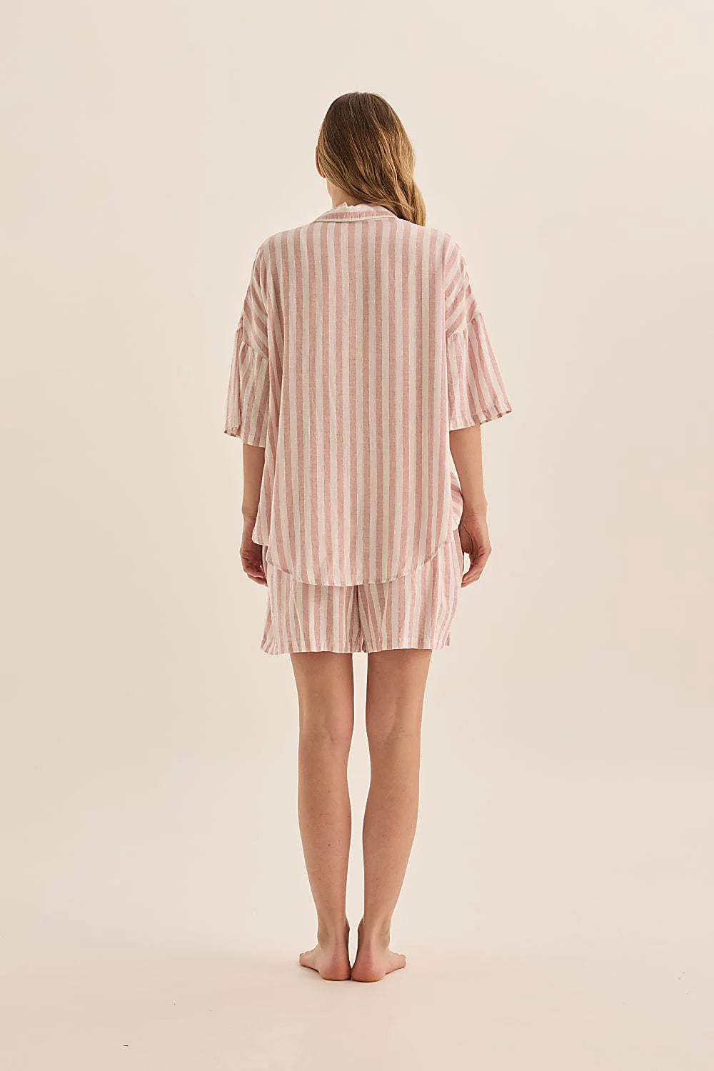 Evie Stripe Linen Short Set in Pink