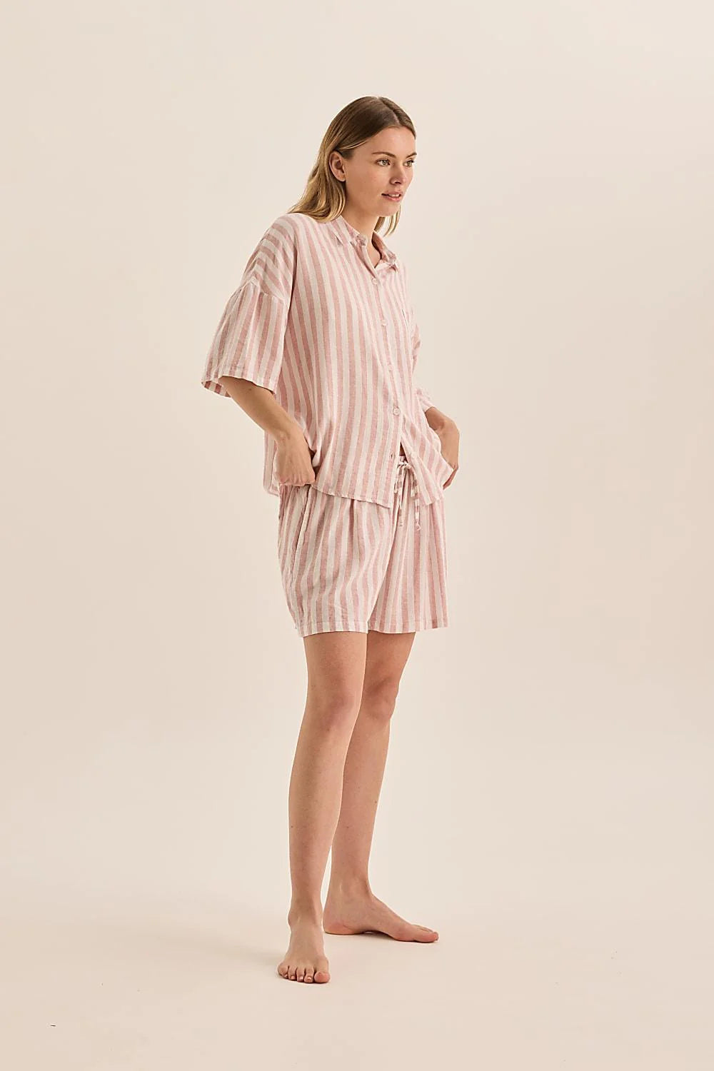 Evie Stripe Linen Short Set in Pink