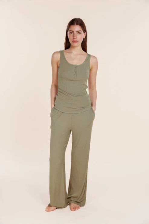 Liberty Ribbed Singlet Henley Top in Olive