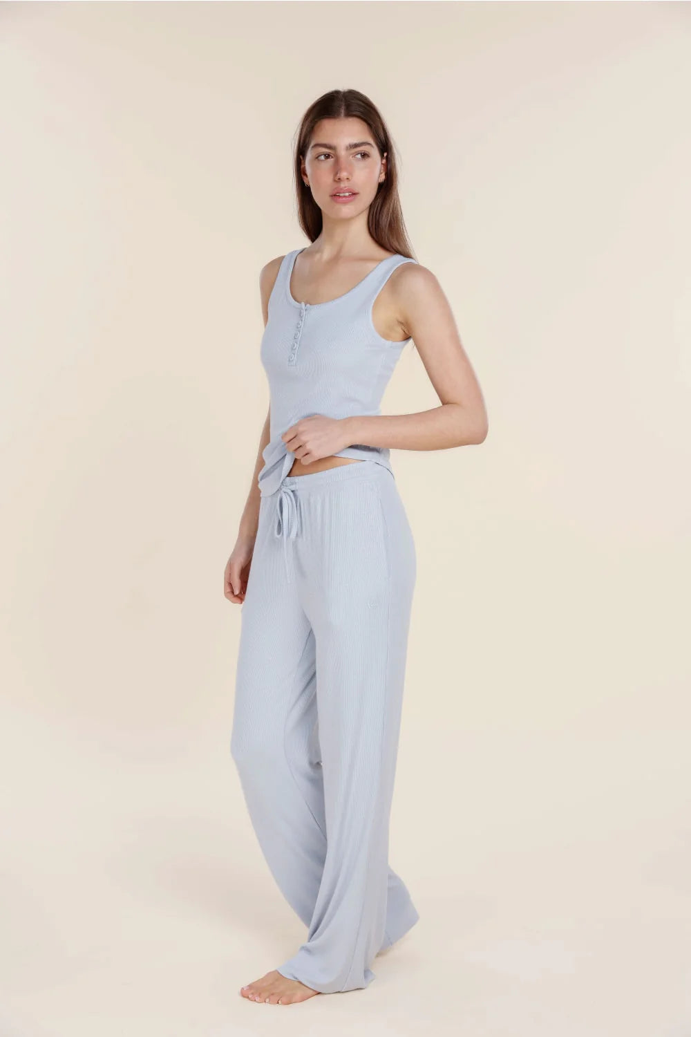 Liberty Ribbed Singlet Henley Top in Powder Blue