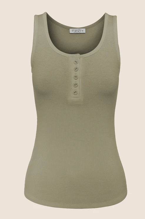 Liberty Ribbed Singlet Henley Top in Olive