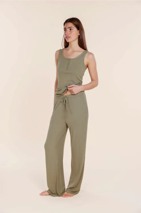 Liberty Ribbed Singlet Henley Top in Olive