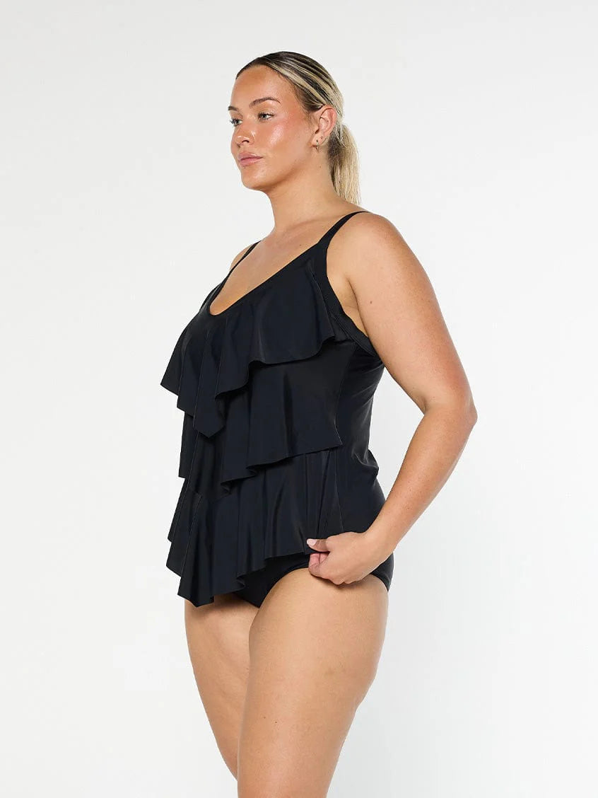 3 Tier Ruffle Tankini Top in Black